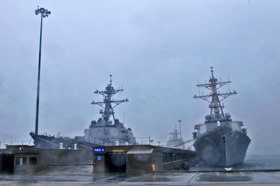 US Navy 110827-N-XO436-035 Ships are safely moored at Naval Station Norfolk as Hurricane Irene passes over the area