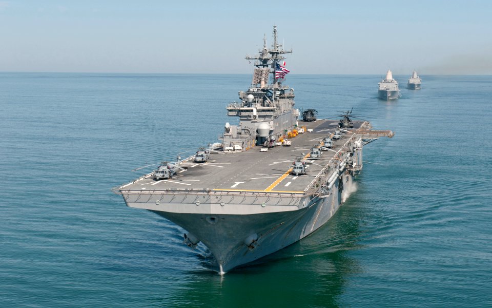 US Navy 110831-N-PM781-006 USS Wasp (LHD 1), USS New York (LPD 21) and USS San Antonio (LPD 17) transit in formation during a training exercise