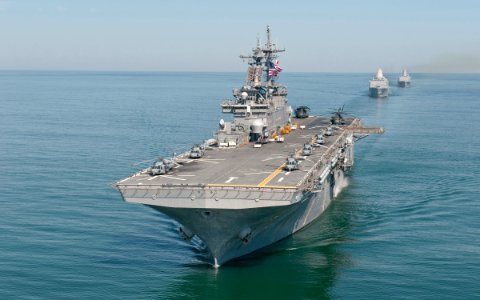 US Navy 110831-N-PM781-006 USS Wasp (LHD 1), USS New York (LPD 21) and USS San Antonio (LPD 17) transit in formation during a training exercise
