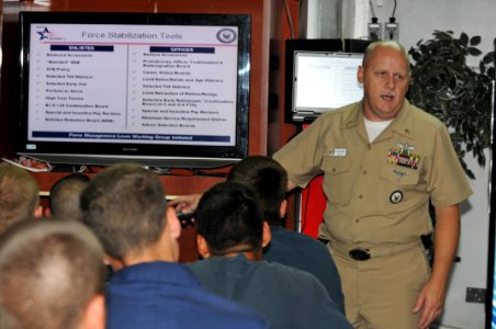 US Navy 110830-N-DG679-028 Master Chief Navy Counselor Tom Albert, a Fleet Engagement Team member, discuss personnel policies and initiatives impa