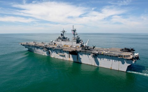 US Navy 110831-N-PM781-001 MH-60S Sea Hawk helicopters and MH-53 Sea Dragon helicopters prepare to launch from USS Wasp (LHD 1)