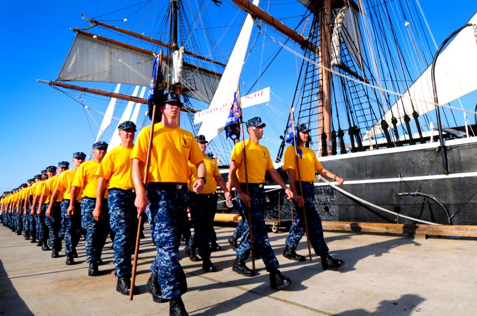 US Navy 110829-N-KB563-018 Chief petty officer selects march near the sailing ship Star of India, part of the San Diego Maritime Museum, before a t