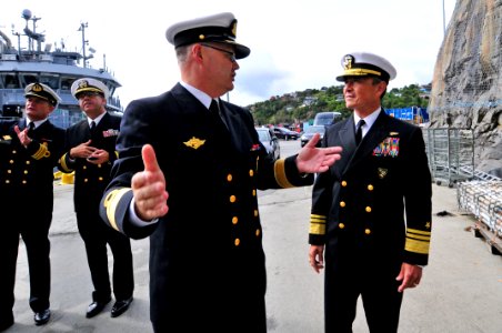 US Navy 110830-N-IZ292-151 Vice Adm. Harry B. Harris Jr., right, commander of U.S. 6th Fleet, listens to Rear Adm. Bernt Grimstvedt,