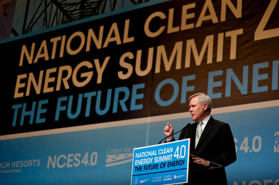 US Navy 110830-N-ZZ999-003 Secretary of the Navy (SECNAV) Ray Mabus delivers the keynote address at the National Clean Energy Summit 4.0 in Las Veg