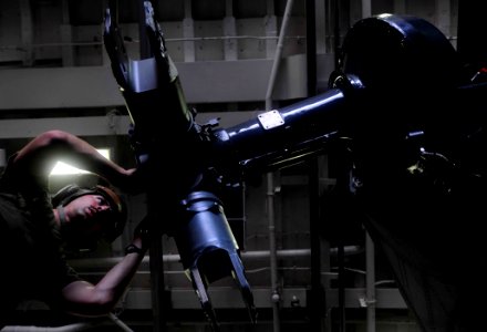 US Navy 110903-N-CT127-007 Cpl. Larrykeith Conklin performs maintenance on a CH-53 Sea Stallion helicopter aboard USS Mesa Verde (LPD 19)