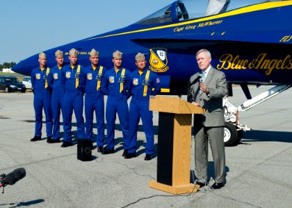 US Navy 110901-N-ZZ999-002 Secretary of the Navy (SECNAV) Ray Mabus speaks during a press conference at Naval Air Station Patuxent River about the