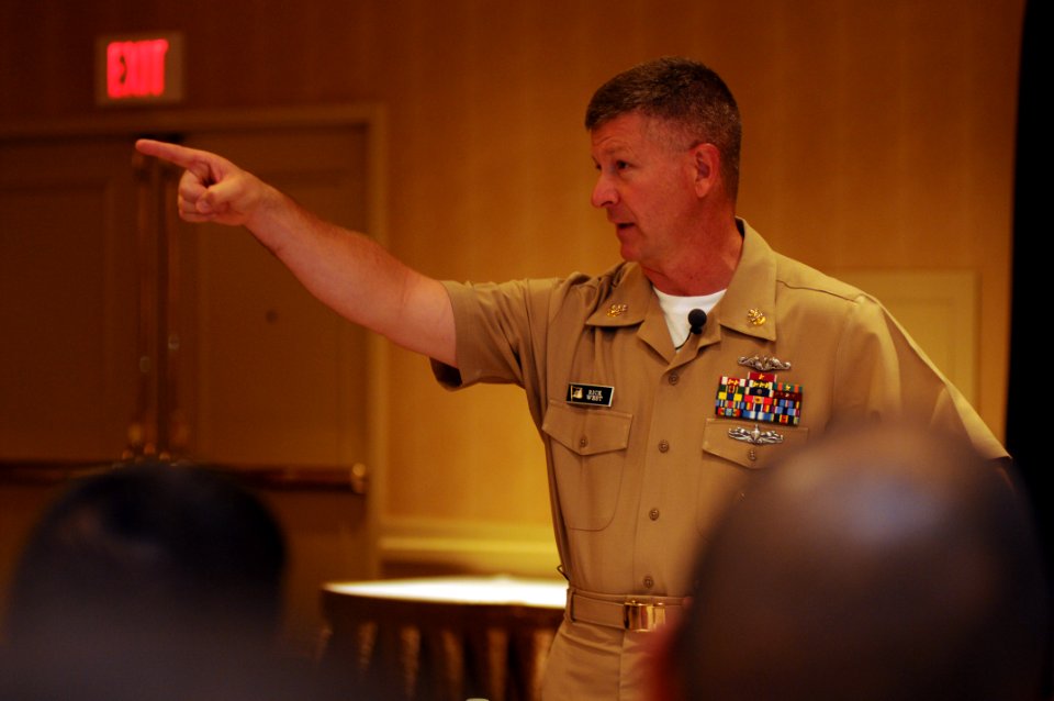US Navy 110831-N-AD372-032 Master Chief Petty Officer of the Navy (MCPON) Rick D. West answers questions during a 1st class petty officer leadershi