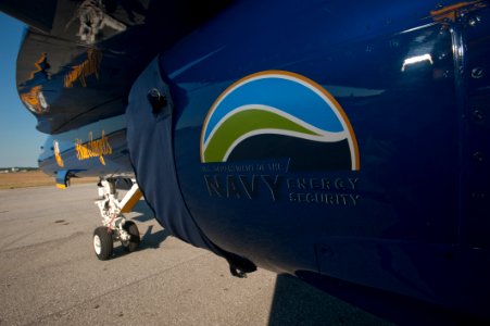US Navy 110901-N-JM744-016 A Navy Energy Security logo is displayed on the intake of an F-A-18 Hornet
