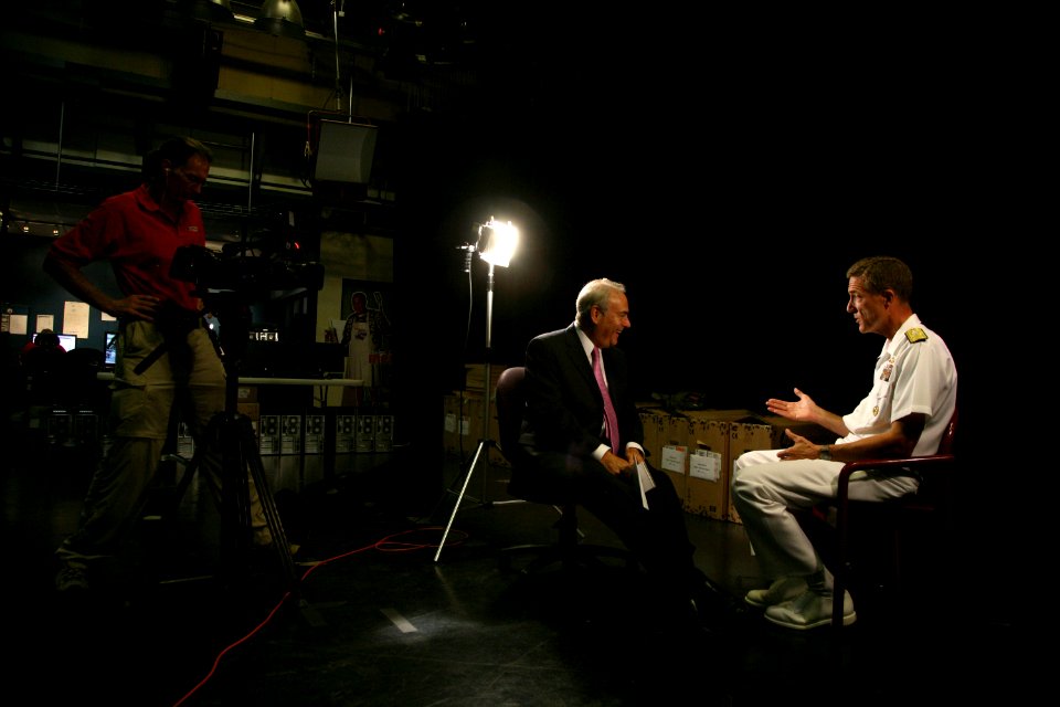 US Navy 110830-N-YM440-255 Howard Ain, left, interviews Vice Adm. Dirk Debbink, Chief of Navy Reserve, on Local 12 WKRC-TV