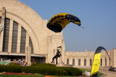 US Navy 110903-N-NT881-102 Aircrew Survival Equipmentman 1st Class Thomas Kinn, assigned to the U.S. Navy parachute demonstration team, the Leap Fr photo