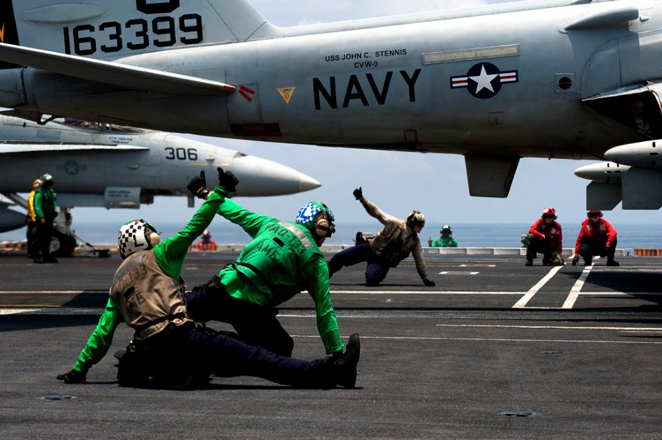 US Navy 110902-N-BT887-095 Sailors give launch approval for an EA-6B Prowler assigned to the Wizards of Electronic Attack Squadron (VAQ) 133 aboard