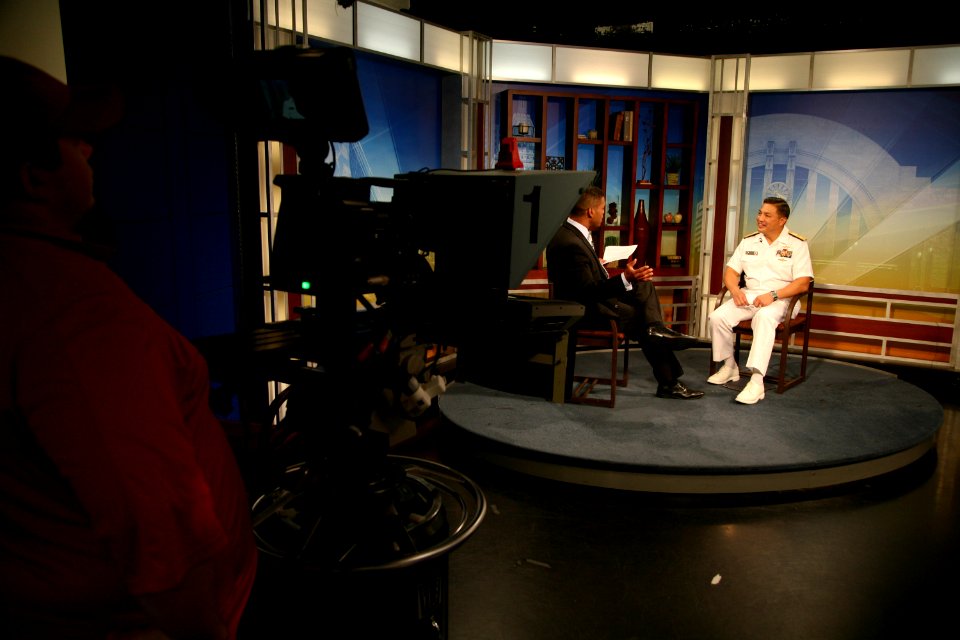 US Navy 110901-N-YM440-004 Rear Adm. Anatolio B. Cruz III is interviewed on the Fox 19 morning show during Cincinnati Navy Week