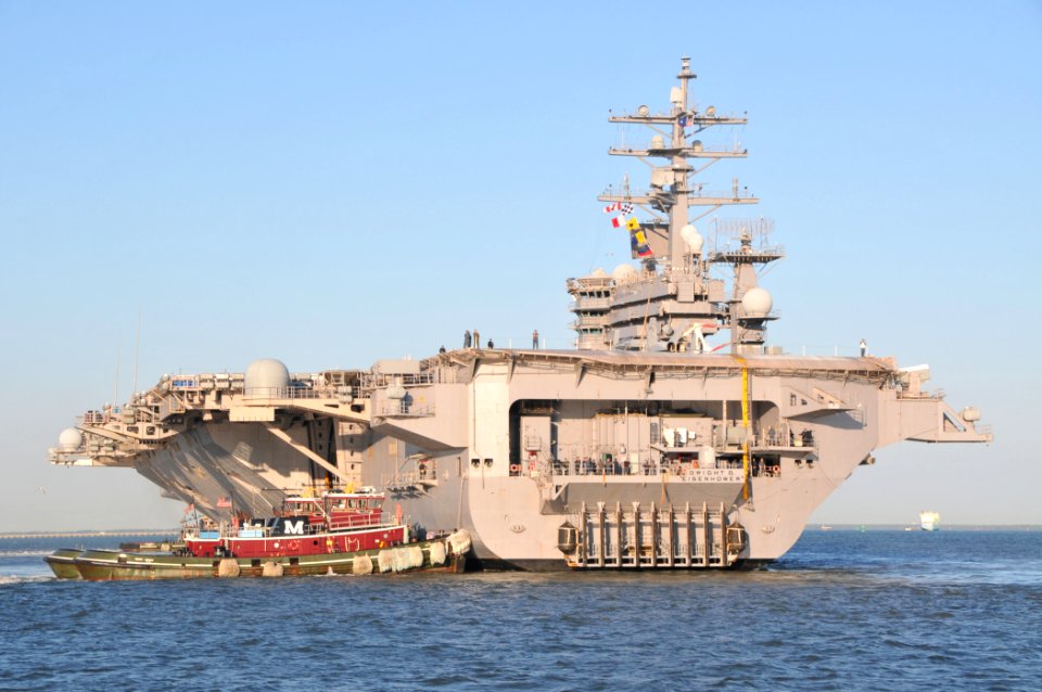 US Navy 110831-N-QY430-002 The aircraft carrier USS Dwight D. Eisenhower (CVN 69) returns to Naval Station Norfolk after getting underway ahead of