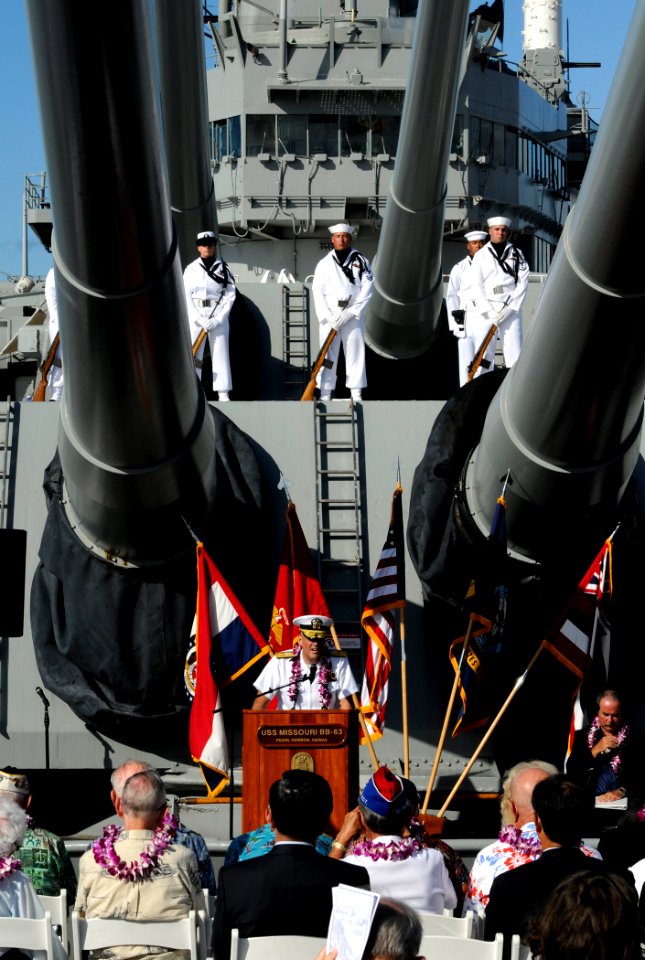 US Navy 110902-N-VM928-011 Rear Adm. Robert P. Girrier speaks during the 66th anniversary of the End of World War II commemoration ceremony aboard