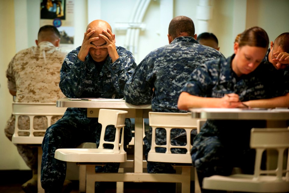 US Navy 110901-N-PB383-023 Sailors assigned to the amphibious transport dock ship USS New Orleans (LPD 18) participate in the Navy-wide E-6 advance
