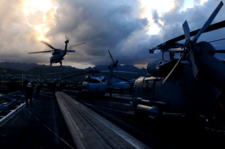US Navy 110903-N-UO379-035 An HH-60H Sea Hawk helicopter departs USS Ronald Reagan (CVN 76)
