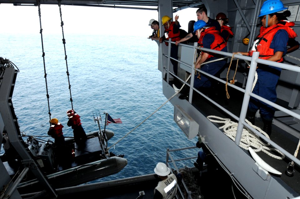 US Navy 110909-N-QL471-243 Sailors lower a rigid-hull inflatable boat during a rescue swimmer exercise aboard USS George H.W. Bush (CVN 77)