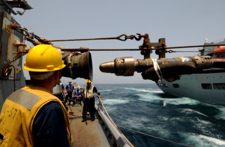 US Navy 110904-N-XQ375-297 Boatswain's Mate 3rd Class Jeff Rashley stands by as a probe from the Royal Navy fleet auxiliary fast fleet tanker RFA W