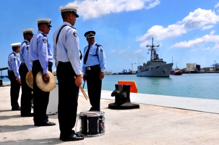 US Navy 110905-N-IZ292-112 Members of the Mauritian Police Force Band prepare to perform as the guided-missile frigate USS Samuel B. Roberts (FFG 5