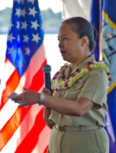 US Navy 110907-N-RI884-005 Rear Adm. Eleanor Valentin conducts a director's call aboard the World War II battleship USS Missouri Memorial