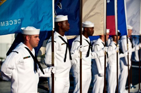 US Navy 110907-N-CZ945-005 Sailors stand at ease as flag holders during the U.S. 7th Fleet change of command ceremony