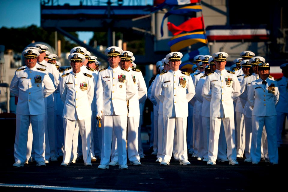 US Navy 110907-N-CZ945-094 Officers stand at ease at the U.S. 7th Fleet change of command ceremony aboard USS Blue Ridge (LCC 19)