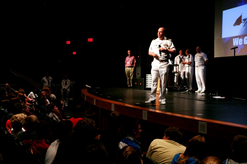 US Navy 110906-N-YM440-093 Cmdr. Michael Fisher, commanding officer of the Ohio-class ballistic submarine USS Nebraska (SSBN 739), speaks to studen