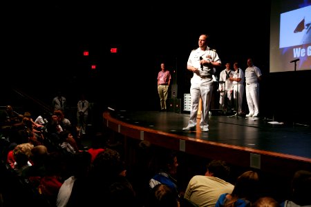 US Navy 110906-N-YM440-093 Cmdr. Michael Fisher, commanding officer of the Ohio-class ballistic submarine USS Nebraska (SSBN 739), speaks to studen