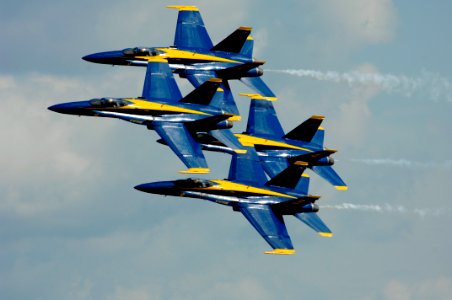 US Navy 110909-N-IR859-002 The U.S. Navy flight demonstration squadron, the Blue Angels, perform the Diamond 360 maneuver at the Guardians of Freed