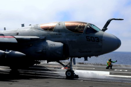 US Navy 110907-N-SB672-186 An EA-6B Prowler launches from USS Ronald Reagan (CVN 76) during the (CVW) 14 fly off