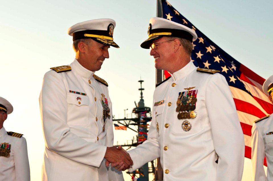 US Navy 110907-N-CZ945-273 Adm. Patrick M. Walsh, commander of U.S. Pacific Fleet, congratulates Vice Adm. Scott R. Van Buskirk on receiving the Di