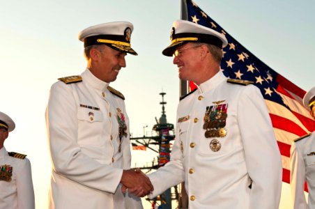 US Navy 110907-N-CZ945-273 Adm. Patrick M. Walsh, commander of U.S. Pacific Fleet, congratulates Vice Adm. Scott R. Van Buskirk on receiving the Di