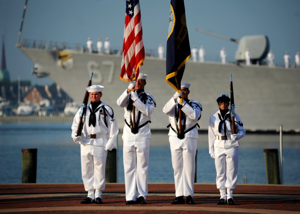 US Navy 110911-N-NY820-085 Color guard members parade the colors during a 9-11 Remembrance ceremony at Town Point Park