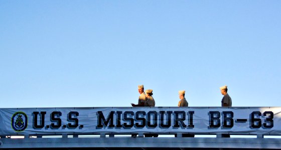 US Navy 110907-N-RI884-001 Sailors board the World War II battleship USS Missouri Memorial to attend a director's call by Rear Adm. Eleanor Valenti