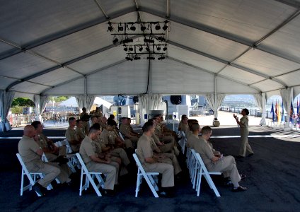 US Navy 110907-N-RI884-008 Rear Adm. Eleanor Valentin conducts a director's call aboard the World War II battleship USS Missouri Memorial
