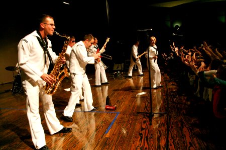 US Navy 110908-N-YM440-096 Members of the U.S. Navy Band Great Lakes, Horizon, perform for students at Plattsmouth High School during Omaha Navy We