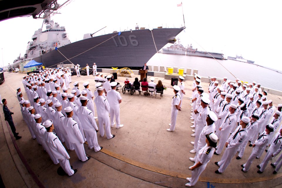 US Navy 110914-N-ZC343-505 Sailors assigned to the guided-missile destroyer USS Stockdale (DDG 106) listen to remarks by Jack Stockdale
