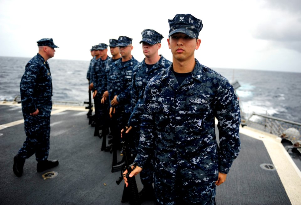 US Navy 110911-N-ZZ999-689 Sailors stand in formation during a 9-11 remembrance ceremony rehearsal aboard USS Mobile Bay (CG 53)