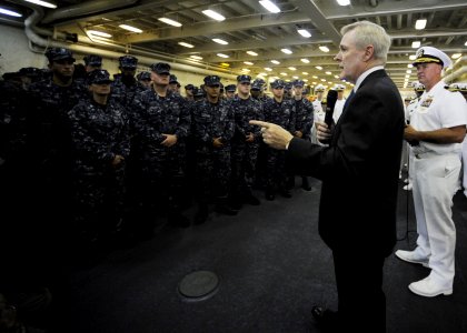 US Navy 110910-N-ZZ999-003 Secretary of the Navy (SECNAV) the Honorable Ray Mabus addresses the crew of USS New York (LPD 21) photo