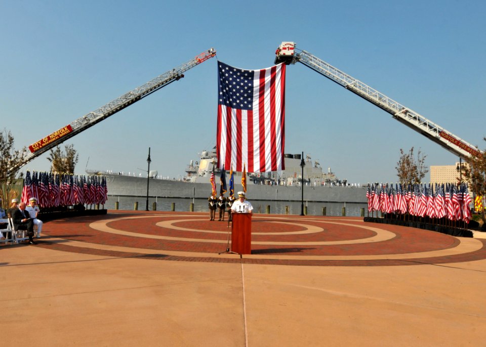 US Navy 110911-N-NL541-339 Adm. John C. Harvey Jr. addresses the citizens of the City of Norfolk in front of USS Cole (DDG 67) during a 9-11 Rememb