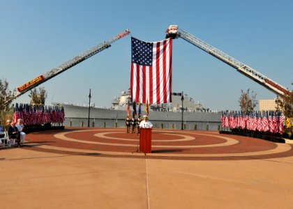 US Navy 110911-N-NL541-339 Adm. John C. Harvey Jr. addresses the citizens of the City of Norfolk in front of USS Cole (DDG 67) during a 9-11 Rememb