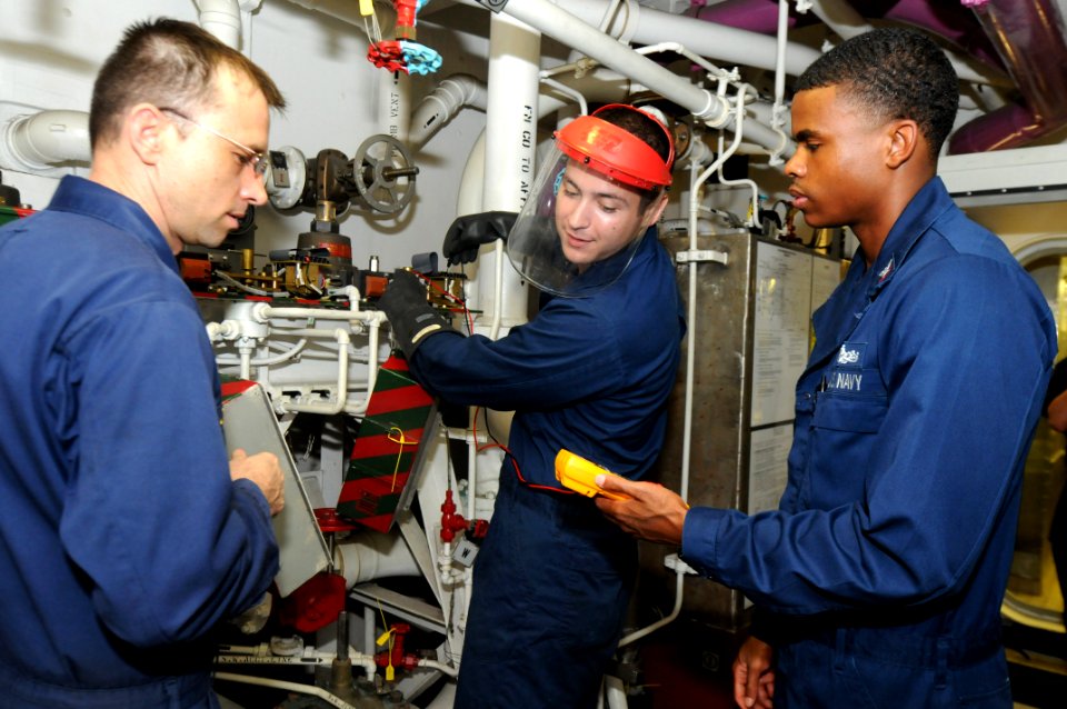 US Navy 110911-N-QL471-006 Chief Electrician's Mate Boguslaw R. Czerniak, left, Electrician's Mate Fireman Jacob M. Chriswell and Electrician's Mat