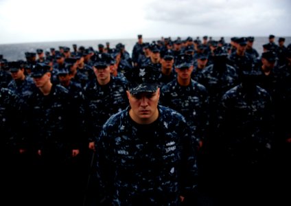 US Navy 110911-N-ZZ999-741 Sailors stand in formation during a 9-11 remembrance ceremony rehearsal aboard USS Mobile Bay (CG 53)