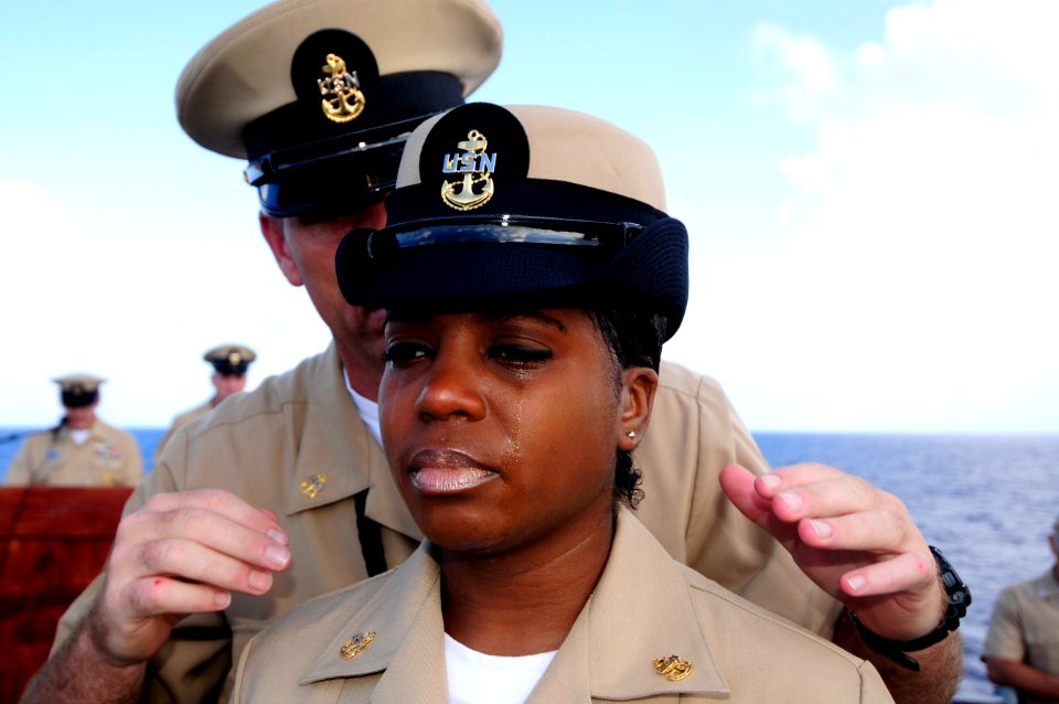 US Navy 110916-N-RC734-057 Chief Information Systems Technician stands at attention