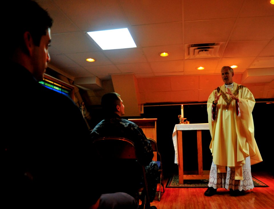 US Navy 110915-N-MH885-030 Bishop Richard Spencer, a senior cleric of the Archdiocese for the Military Services, delivers a sermon to Sailors
