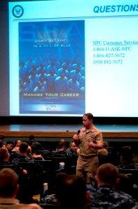 US Navy 110912-N-SF508-116 Master Chief Quartermaster Andy Millar, the PERS-40 senior enlisted advisor, speaks to Sailors about career options