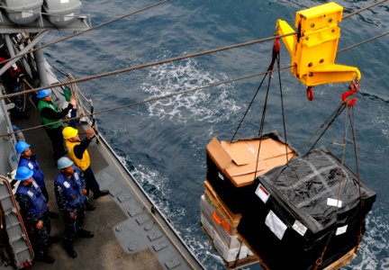 US Navy 110918-N-BC134-163 Sailors aboard the guided-missile cruiser USS Bunker Hill (CG 52) guide pallets of supplies onto the ship during a reple