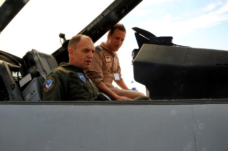 US Navy 110913-N-RB564-014 Lt. Gen. Ralph J. Jodice II, commander of Combined Forces Air Component, receives a briefing on the Swedish JAS 39 Griff