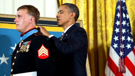 US Navy 110915-N-ZZ999-012 President Barack Obama awards the Medal of Honor to former Marine Corps Sgt. Dakota Meyer