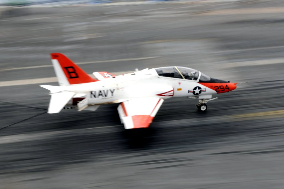 US Navy 110919-N-AU622-072 A T-45C Goshawk training aircraft makes an arrested landing aboard the aircraft carrier USS Dwight D. Eisenhower (CVN 69
